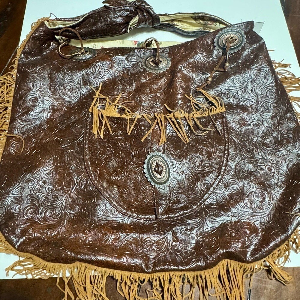 Brown Embossed Leather Fringe Shoulder Bag Boho Western‎ Crossbody Purse